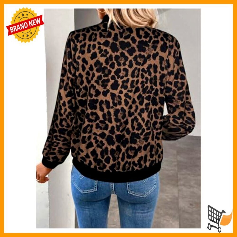 Leopard Print Long Sleeve Zip Up Bomber Jacket Structured Silhouette Y2K Chic - Picture 3 of 5